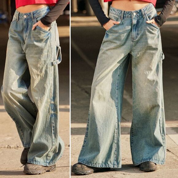 NWT Cider High Waist Wide Leg Carpenter Jeans Light Grunge Wash Size Medium NEW - Picture 1 of 16
